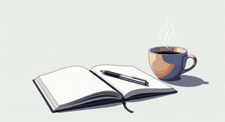 Creative concept for writing or journaling with an open notebook, pen, and a steaming cup of hot coffee on a calm background