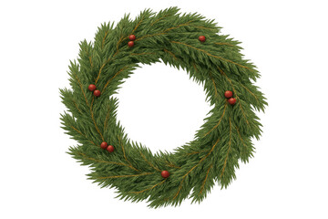 Christmas wreath with green pine needles and red berries, festive winter holiday decoration, transparent background