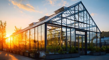 Obraz premium Modern glass structure basks in the brilliant golden light of a setting sun