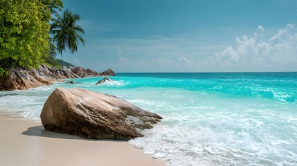 Boulders rest on white sand beside turquoise ocean waves under clear sky