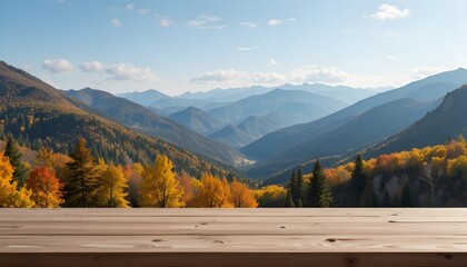 Empty Wooden Desk with Beautiful Autumn Mountain Landscape in the Background for Natural Scenes