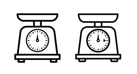 Simple black and white illustration of two vintage kitchen scales side by side