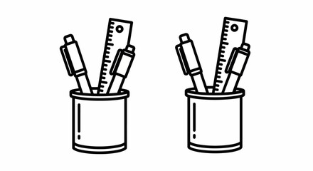 Stationery arrangement pens rulers and containers in a simple line art style
