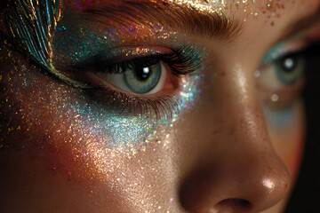 hyperrealistic portrait featuring holographic eye shadow and metallic tones creating a bold futuristic high-fashion makeup style