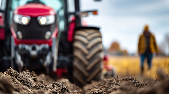 Farmer working in a freshly plowed field with a red tractor in the background, concept of modern agriculture, cultivation, and hard work
