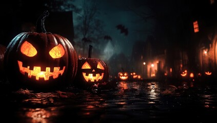 Spooky Halloween scene featuring glowing jack-o'-lanterns in a dark, misty setting, with bats flying in the background.