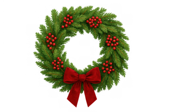 Christmas wreath decorating for holiday season with red bow and winter berries on transparent background