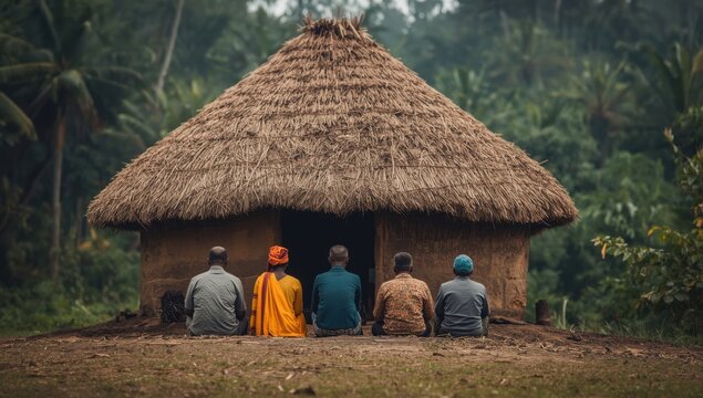 African village hut with people sitting outside