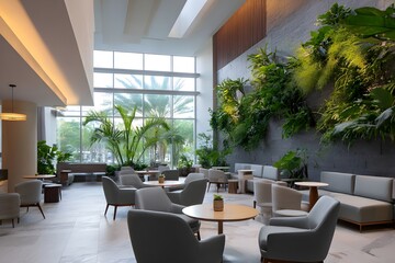 Modern Hotel Lobby With Living Plant Wall And Natural Light For Eco Friendly Hospitality Design