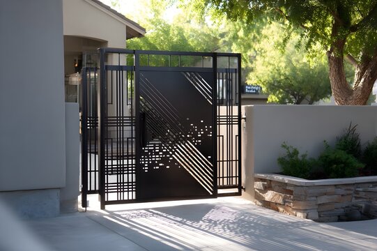 Modern Steel Gate With Laser Cut Designs For Contemporary Architectural Property Entrance Security Solution