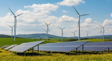 Wind turbines and solar panels in a field of yellow flowers under a cloudy blue sky, representing renewable energy and sustainability