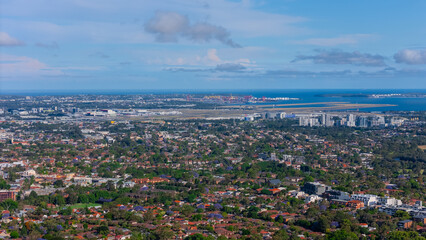 Panorama aerial drone view of western Sydney Suburbs of Canterbury Burwood Ashfield Marrickville...
