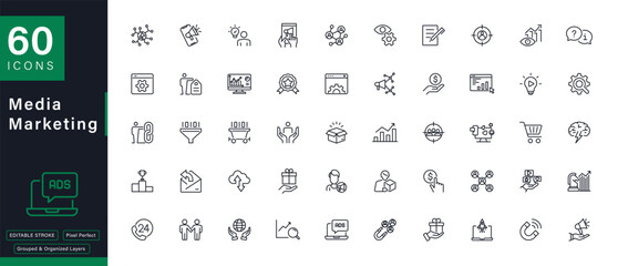 60 Media Marketing Line Icons Set Digital Business and Advertising Symbols