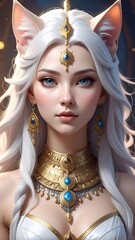 A detailed portrait of a fantasy female character with cat ears, white hair, and jeweled adornments