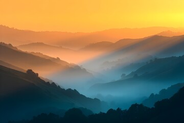 Fototapeta premium Sun Rising Over Misty Valley Layers Hills Dawn Landscape Atmospheric Morning Nature Photography