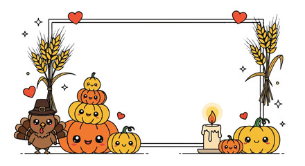 Fototapeta premium Cute Kawaii Thanksgiving Border Frame with Stacked Smiling Pumpkins Pilgrim Hat Turkey Wheat Stalks Hearts and Candle on White Background Illustration.