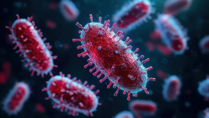 Fototapeta premium A vivid depiction of bacteria, showcasing their intricate structure and vibrant colors in a microscopic view.