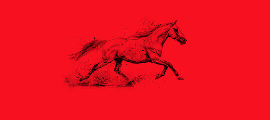 Beautiful silhouette of a horse on a red background. a galloping horse. Artistic image. Copy space. banner. copy space