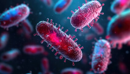 Naklejka premium A close-up view of bacteria under a microscope, displaying vibrant colors and intricate details of their structures in a dark background.