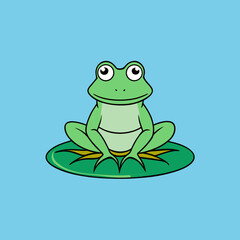 Cute cartoon green frog sitting on a lily pad silhouette isolated on white background