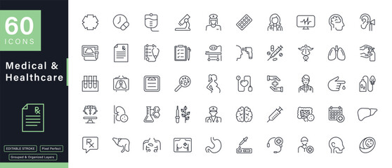60 Medical and Healthcare Outline Icons Set Hospital Doctor Clinic Elements