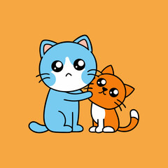 Two cute cartoon cats one blue one orange hugging together silhouette isolated on white background