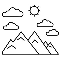 Stylized mountain range with clouds and sun silhouette isolated on white background