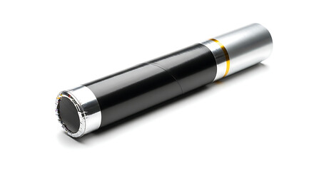 A sleek black and silver handheld monocular telescope, a classic pocket spyglass for distance viewing and exploration, isolated on a white studio background