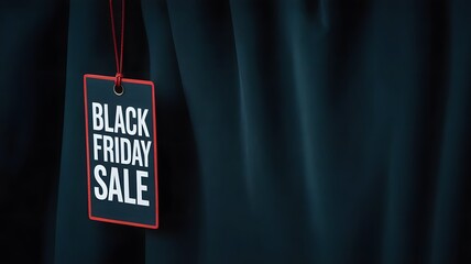 Black friday sale tag with red border hanging against a dark, draped fabric background, representing a shopping event