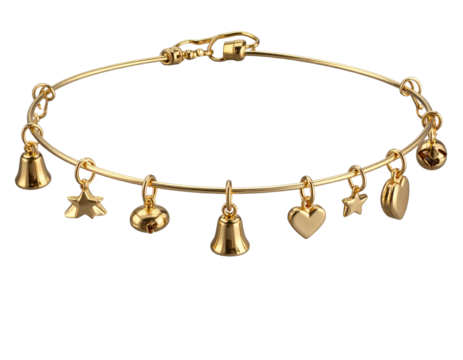  Delicate Gold Bracelet with Dangling Tiny Charms, Close-Up Isolated on Transparent Background PNG