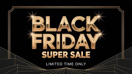 Golden black friday super sale text with limited time only message, set against a black background with a futuristic illuminated pathway, signifying a grand retail event
