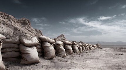 Row of earth-filled sacks forms a defensive barrier against arid geological formations under a dramatic sky