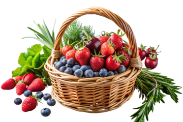 Organic produce in a rustic wicker basket, Overflowing with fresh strawberries, blueberries, cherries and greens, cutout, PNG, isolated on white or transparent background, AI