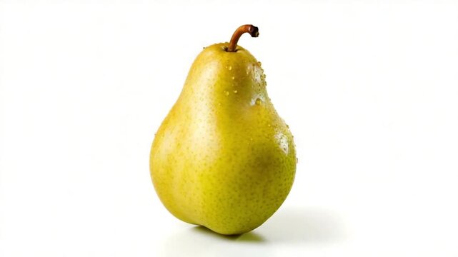 Closeup of a ripe pear isolated on white background, covered in water drops