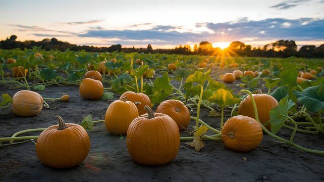 Golden hour sunset illuminates a field of ripe pumpkins growing on vines in the rich soil of a farm