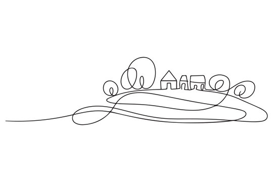 Continuous line drawing. Landscape with village on hill. one line Icon drawing with white background