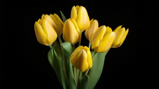 Closeup of a bunch of vibrant yellow tulips against a black background
