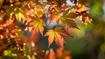 Close up of vibrant orange and red maple leaves on a branch with a soft blurred background during autumn season