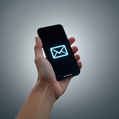 A hand is shown holding a phone that displays a digital email symbol.