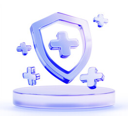 3d medical podium with glass holographic pharmacy shield and blue transparent crosses for medicine advertising. Health protection platform for insurance. Isolated healthcare icon. 3D illustration