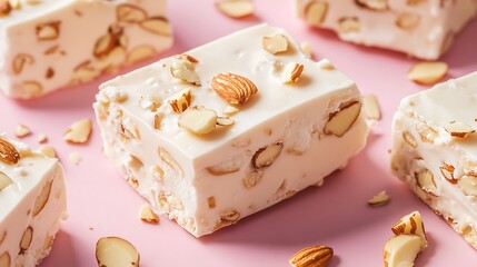Several portions of almond nougat in close up a pink background
