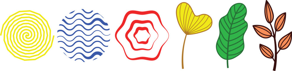 A minimalist set of colorful hand-drawn icons featuring spiral, flower, and leaf designs in bold outlines and flat colors