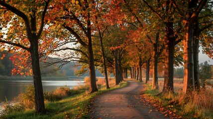 Obraz premium A picturesque pathway lined with vibrant autumn trees casting warm golden light along a tranquil lake during the fall season