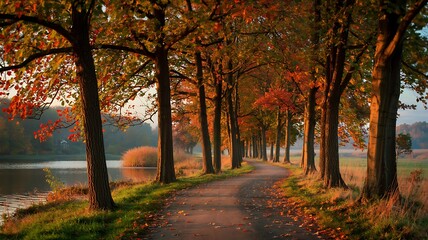 Naklejka premium A picturesque tree lined pathway beside a tranquil lake during the vibrant colors of autumn foliage season