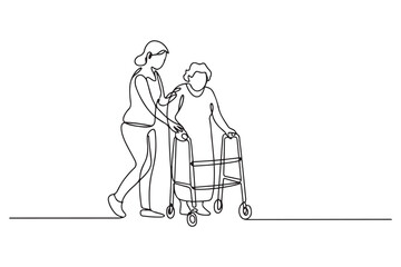 Continuous line drawing. Young woman help old woman using a walking frame. one line Icon drawing with white background