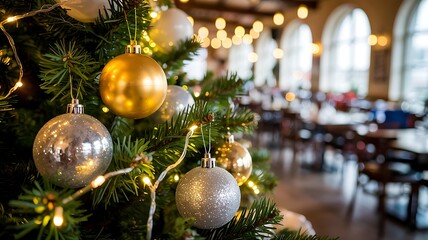 Close up of a decorated christmas tree with golden and silver ornaments and twinkling lights in a softly blurred restaurant background