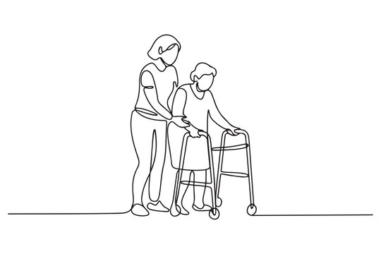 Continuous line drawing. Young woman help old woman using a walking frame. one line Icon drawing with white background