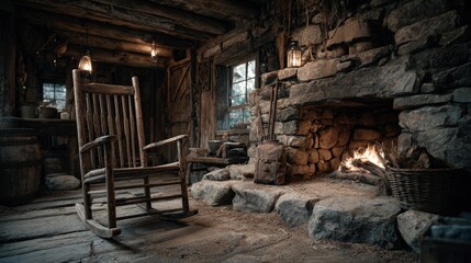 Obraz premium Vintage wild west interior of a frontier cabin stone fireplace wooden rocking chair lantern glow homestead nostalgia
