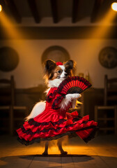 Dog in flamenco dress with fan on stage