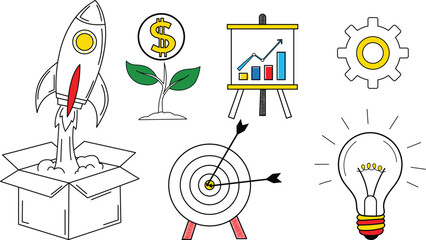 Vibrant hand-drawn set of business and growth icons, including rocket, money plant, chart board, target, lightbulb, and gear with colorful accents